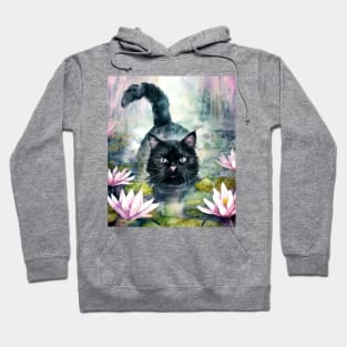 Black cat, blue water: Cat Monet Hoodie